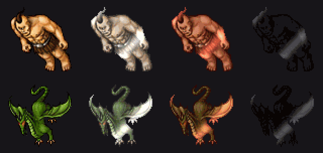 A cyclops and a dragon, first common and then with one white, one red and one black skull, each tinted with a band of light running across it